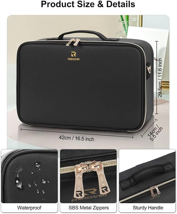 Relavel Travel Makeup Bag With LED Mirror, 16.2" Large Makeup Train Case, 3 Color Scenarios Adjustable Brightness, Waterproof Makeup Train Case Organizer with DIY Dividers for Makeup Artist, Black
