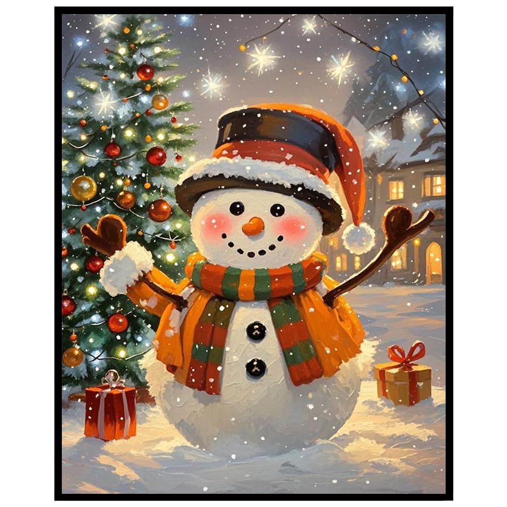 Cheerful Christmas Snowman Wall Art Print, Festive Winter Holiday Painting, Cute Snowy Christmas Tree Home Decor, Whimsical Holiday Poster, 8x10 Inches Unframed