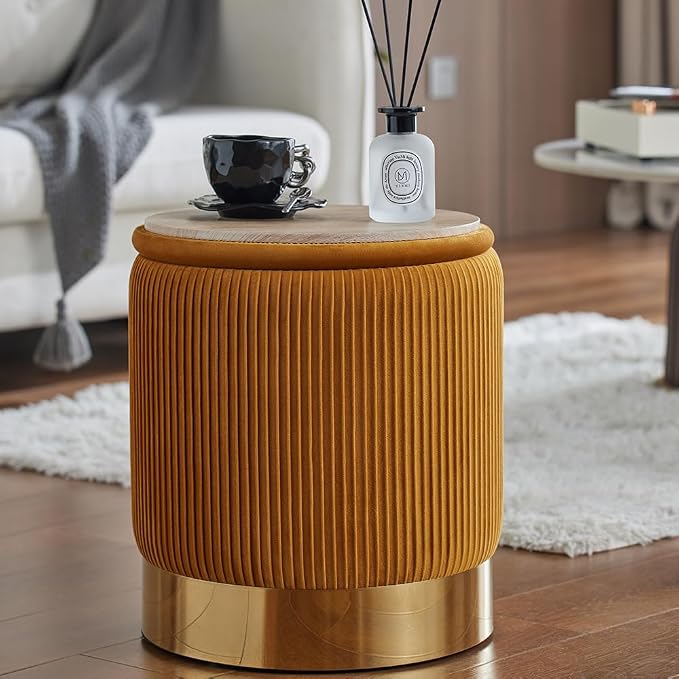 Round Ottoman with Storage Set of 2 Small Ottoman Coffee Table, Vanity Chair Foot Stool, Removable Lid, Hidden Storage, for Living Room, Bedroom, Hallway, Assembly Free (Orange)