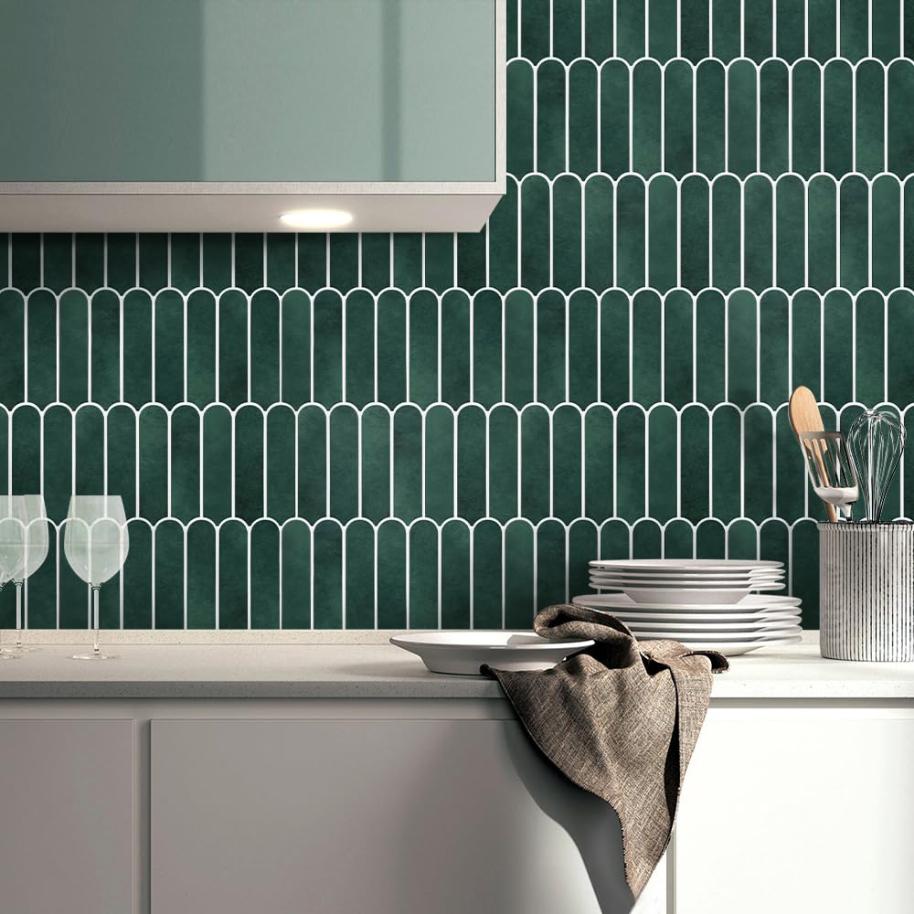 COMSTICKC Matte Dark Green Peel and Stick Tiles, 3D Wall Stickers, 10 Sheets, Ultra-Light Thin PVC Wall Panels 3D Fish Scale Stick on Tile Sticker Backsplash Kitchen Bathroom, 12"X12"