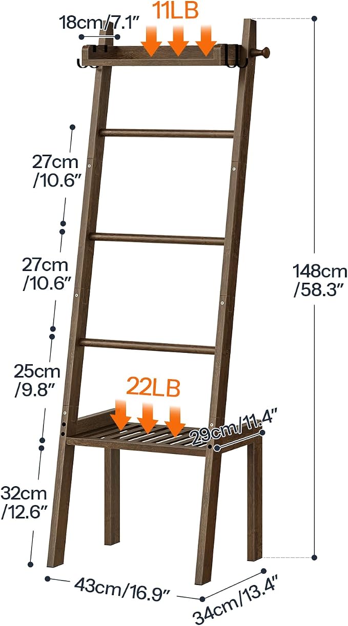 HOOBRO Blanket Ladder, 5 Tier Bamboo Ladder Shelf, Blanket Ladders for Living Room and Bedroom, Farmhouse Blanket Holder Rack for Storage and Home Decor, Decorative Towel Rack, Mocha MA91CJ01G1
