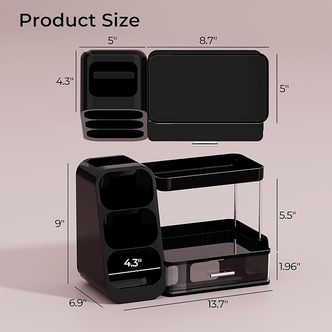 UFORU Makeup Organizer for Vanity with Brush Holder, 2 Tiers Countertop Skincare, Cologne Organizer and Perfume Stand for Men Bathroom Vanity, Large Capacity Makeup Storage, Black
