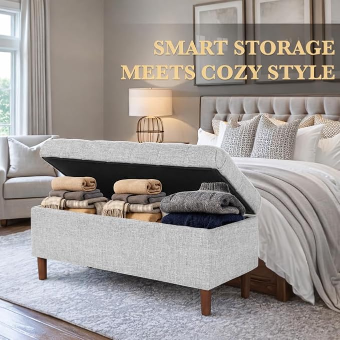 Homepop Home Decor | Tufted Ainsley Button Storage Ottoman Bench with Hinged Lid | Ottoman Bench with Storage for Living Room & Bedroom,Gray Woven