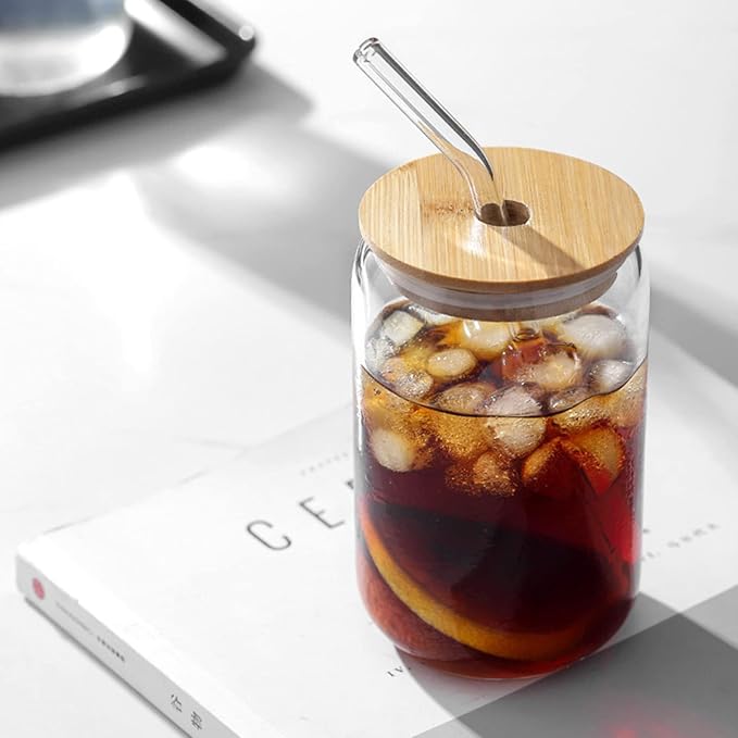 WISIMMALL Drinking Glasses with Bamboo Lids and Glass Straw 4PCS Set, 16oz Glass Cups with Lids and Straws, Beer, Iced Coffee Glasses, Soda, Gift 1 Cleaning Brushes