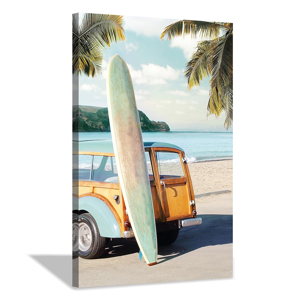 Hardy Gallery coastal wall art surfboard pictures: beach car wall decor seaside artwork surfing ocean print in beach canvas painting for bathroom 11" x 16"
