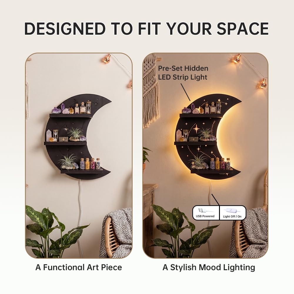 FNYDOX Crescent Moon Shelf with LED Light, Trinket Display Shelf & Moon Wall Light for Rocks Gems Healing Stones Crystals Display, Celestial Decor Crystal Holder Witchy Wall Decor