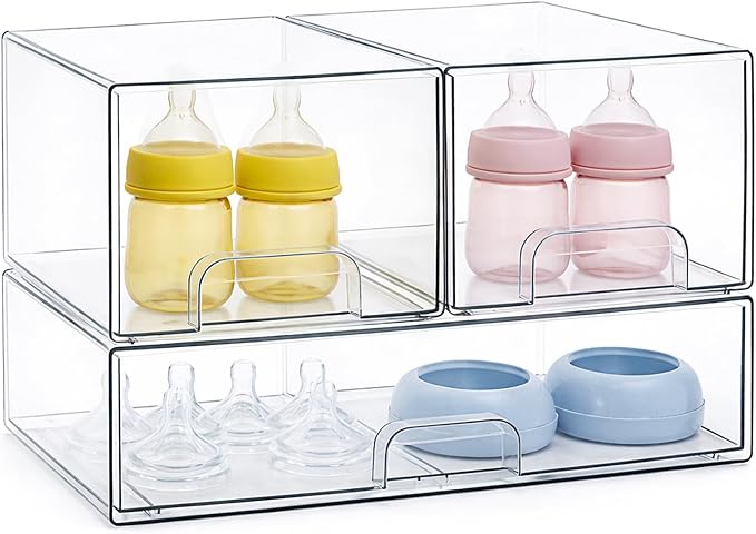 Bottle Storage Organizer Baby, Clear Stackable Storage Drawers Set for Baby Bottle, Beauty Supplies Storage, Ideal for Countertop, Vanity, Bathroom, Cabinet, Pantry Organization (7.8"H, 3 Pack)