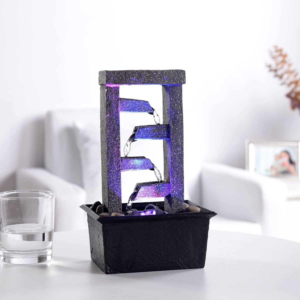 GOSSI 10" 4-Tier Tabletop Waterfall Fountain with Natural River Rocks, LED Lights, Resin Indoor Water Feature for Home Office Decor, Meditation Relaxation Gift