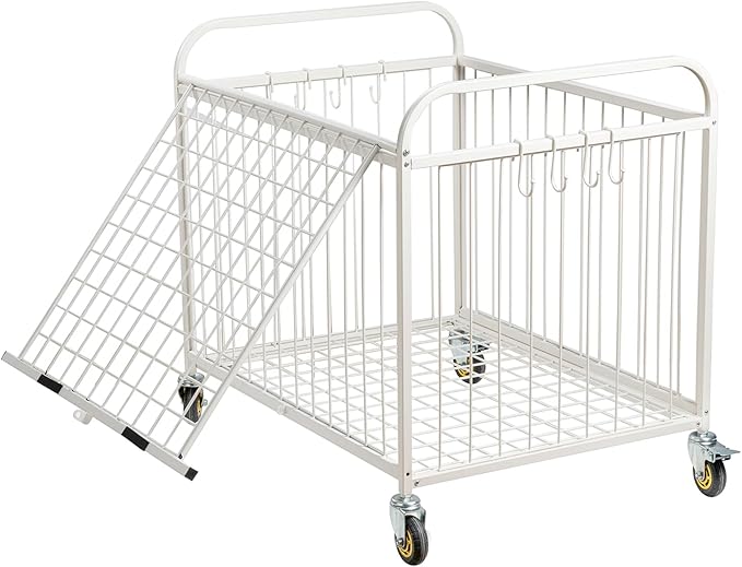MyGift Large Capacity Metal Rolling Multi Sports Ball Cage Storage Hopper, Gym Equipment Basket Cart with Lockable Latch, Heavy Duty Caster Wheels, and 8 Accessory Hooks