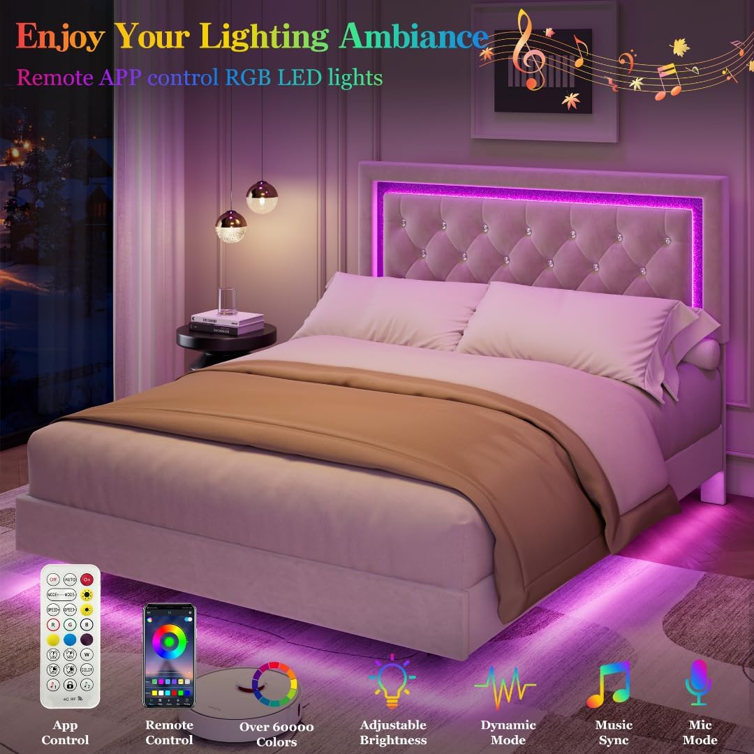 IDEALHOUSE Floating Queen Platform Bed Frame with Smart LED Lights – Modern Upholstered Diamond Headboard, Sturdy Wood Slats, Noise-Free, Easy Assembly, Sturdy Bedroom Furniture