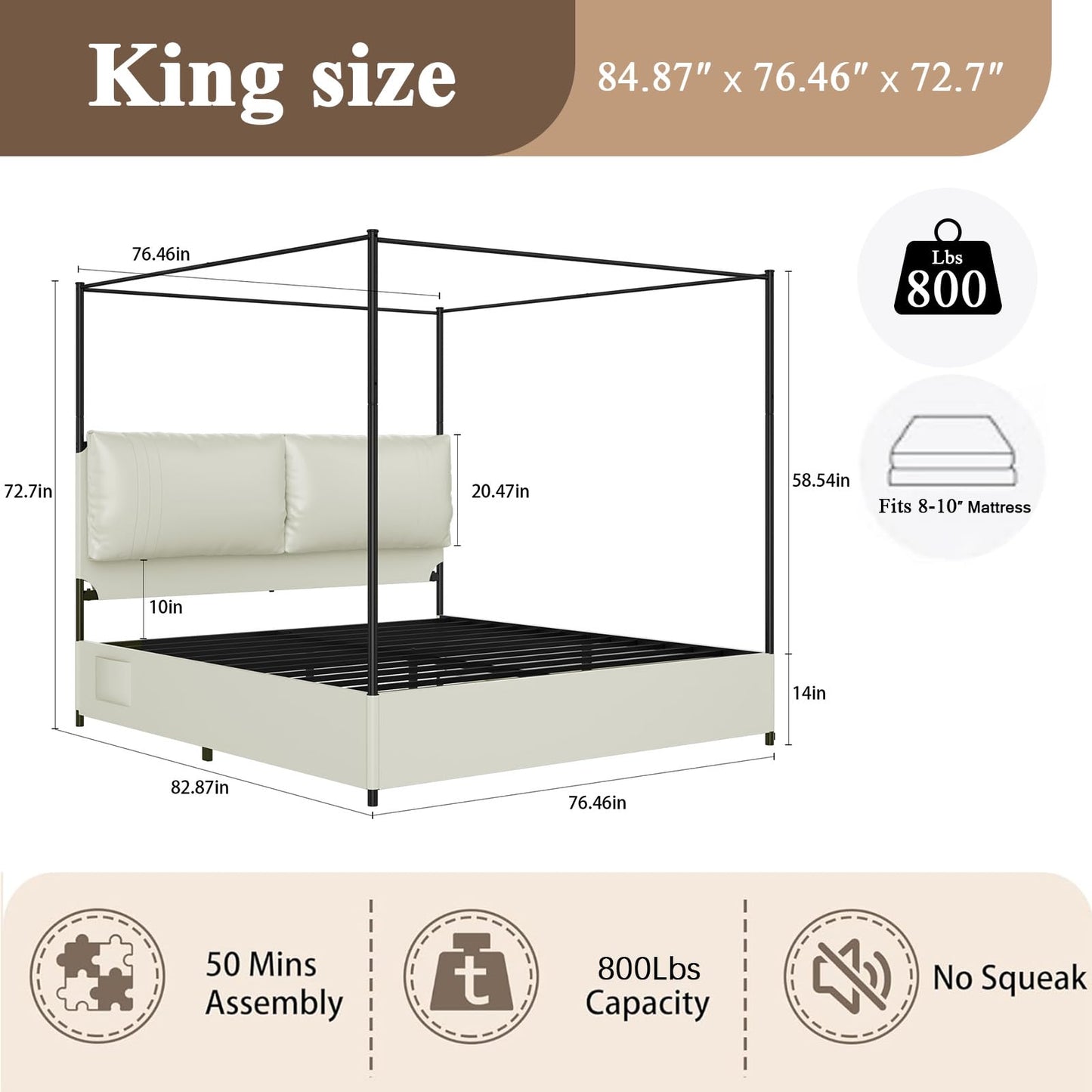 SAMTRA Modern Canopy Bed Frame with Upholstered Faux Leather Headboard – Tall Four Poster Metal Platform Bed, No Box Spring Needed, King Size, Rustic White