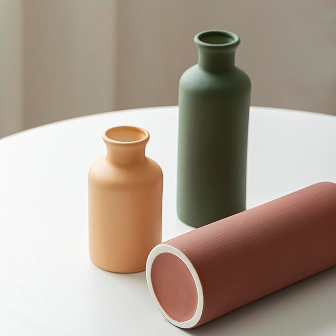 Modern Ceramic Vase Set of 3, Neutral Colors, Decorative Bottles for Home, Farmhouse Rustic Decor, Housewarming Gifts, Wedding Gifts, Bridal Shower Gifts, Birthday Gifts for Women (Green Mix)