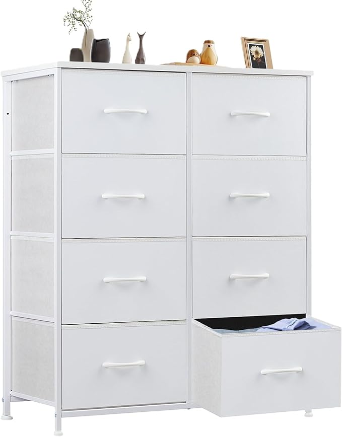 Sweetcrispy Dresser for Bedroom, Chest Organizer Unit with 8 Fabric Bins, Fabric Storage Tower, Drawer Organizer with Steel Frame, Wooden Top for Living Room, Closet