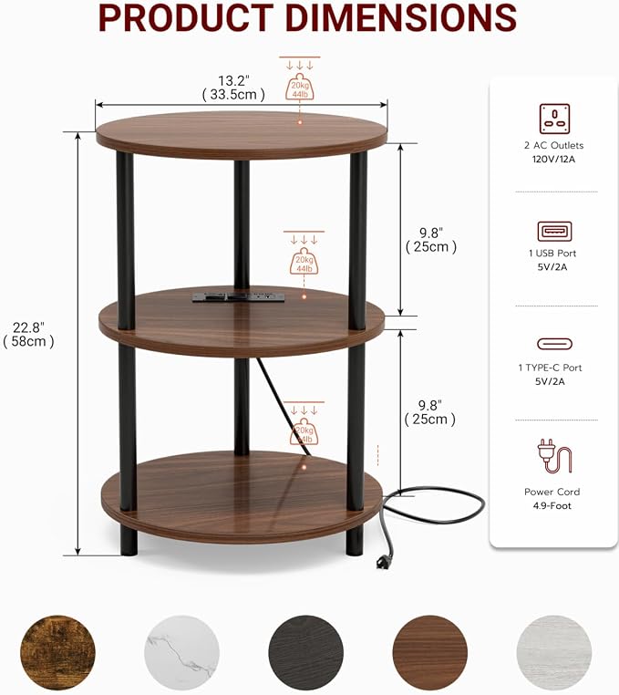 XBurmo Small Round End Table - 3 Tier Design Accent Table, Narrow Side or Bedside Stand, Industrial Vintage Table for Small Spaces, Built-in USB Ports and Power Outlet, Rustic Walnut