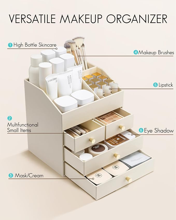 VLANDO Makeup Organzier,Vanity Organizer with Drawers, PU Leather Skincare Organizer Perfume Organizer,Large Cosmetic Display Case for Lipstick,Brushes Gifts for Women, Beige, 4 Layer