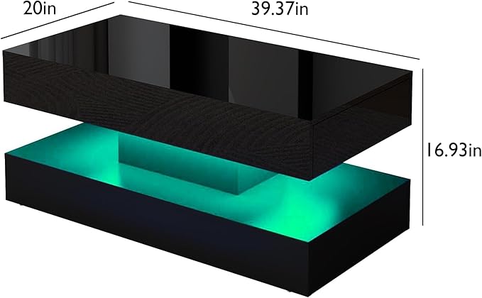 Uspeedy 39.37in Large High Glossy LED Coffee Table with 2 Storage Drawers,Black/White Modern Coffee Tables for Living Room,Living Room Tables,APP LED Lights (Black)
