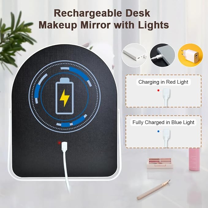 YEKKOPT Rechargeable Vanity Mirror with Lights,10"×7.8" Arched LED Makeup Mirror with Lights, Smart Touch Control Dimmable 3 Modes Light up Mirror for Dorm Desk Dressing Room,Gift for Women
