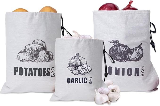 Potato Onion Garlic Storage Bag, Fabric Onion and Potatoes Storage Bag, Washable Garlic Potatoes Onions Keeper with Drawstring, 3 Pack (Garlic Onion Potato Bag)