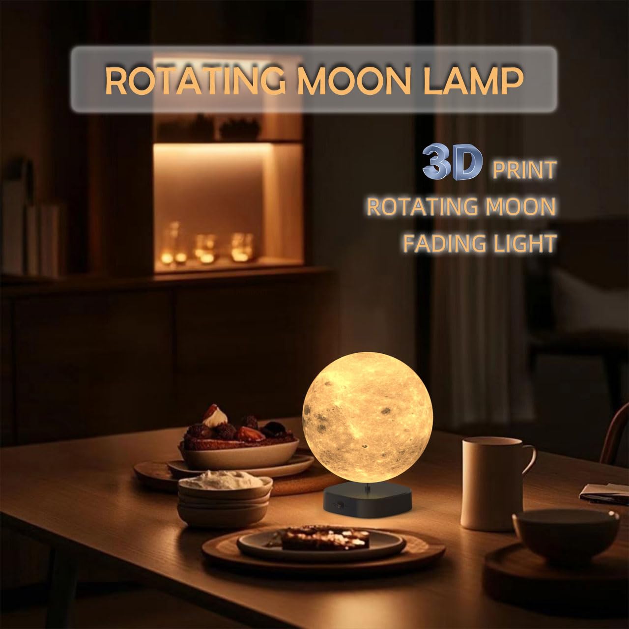 Camdii Moon Lamp, 6 inch 3D Printed Floating Moon lamp, auto Light up with self Rotating, Moon Light lamp for Kids (Black Base)