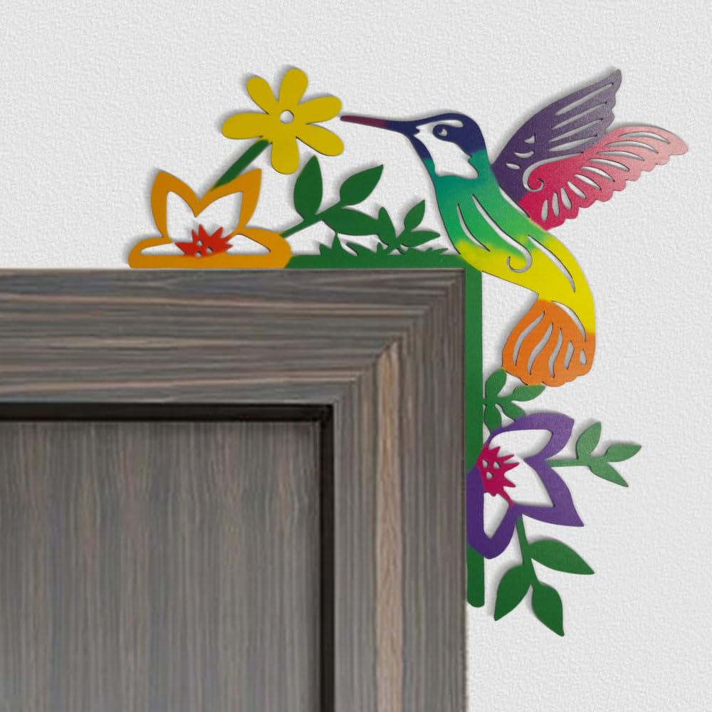 2024 Hand Painted Door Topper, Metal Double Sided Hummingbird Flower Cardinal Flamingo Starfish Leaf Funny Creative Door Frame Topper Corner Silhouette Wall Art Decor for Nature Lovers (Hummingbird)