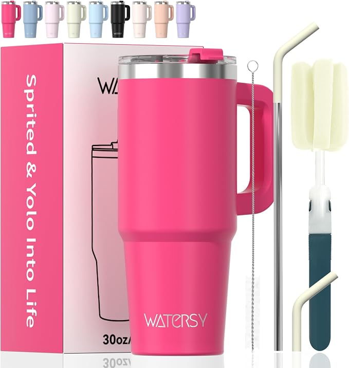 30 oz Tumbler with Handle,Tumbler with Lid and Straw,Double Wall Insulated Cup Stainless Steel Travel Mug(Cold for 34 Hours),Water Bottle for Iced Tea,Coffee,Cold Beverages(Gloss Pink)