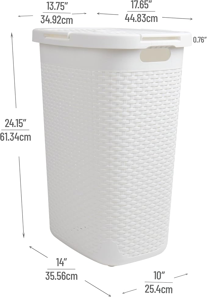 Mind Reader Slim Laundry Hamper with Lid, 60L Tall Clothes Basket, Narrow Tapered Design for Bathrooms, Closets and Laundry Rooms, Plastic, 2 Pack, White