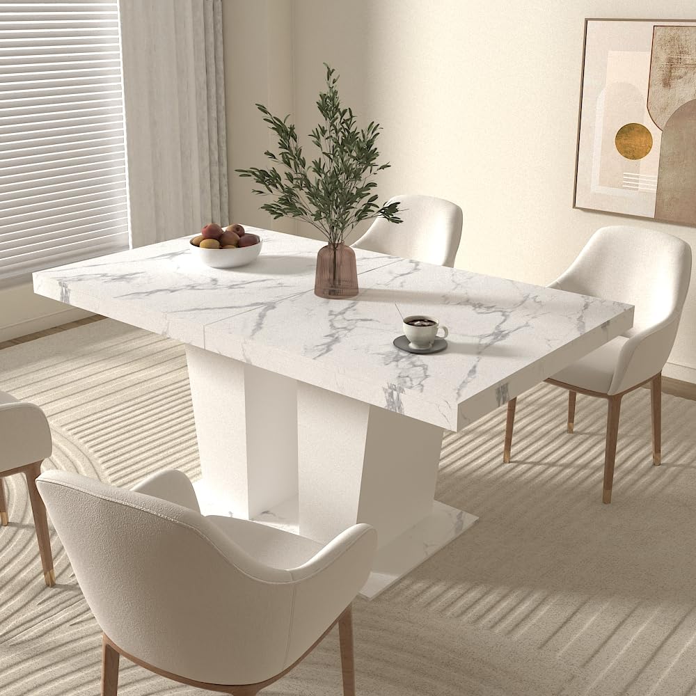 Ball & Cast Expandable Dining Table for 6-10,63-78.74" Kitchen Table W/Heavy Duty Pedestal Base,Rectangular Extendable Dining Room Table for Small Space,White Marble