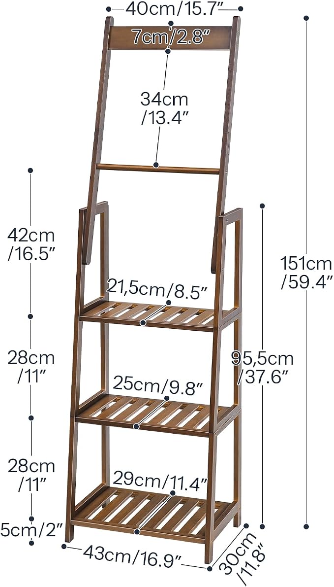 HOOBRO 3 Tier Ladder Shelf, Blanket Ladder, Bookcase Storage Rack Organizer, Bamboo Storage Shelf, Freestanding Shelving Unit, Farmhouse Ladder Rack for Living Room and Bedroom, Mocha MA123CJ01