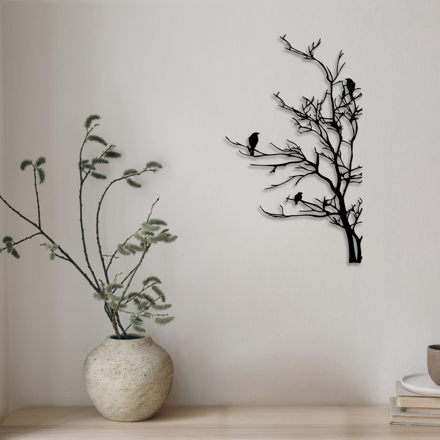 LIYOUYA Bird on a Branch Metal Wall Decor - Rustic Farmhouse Room Decor Simple Black Wall Art Home Decor for Living Room, Bathroom, Bedroom, Dining Room, Garden, Courtyard (Black)