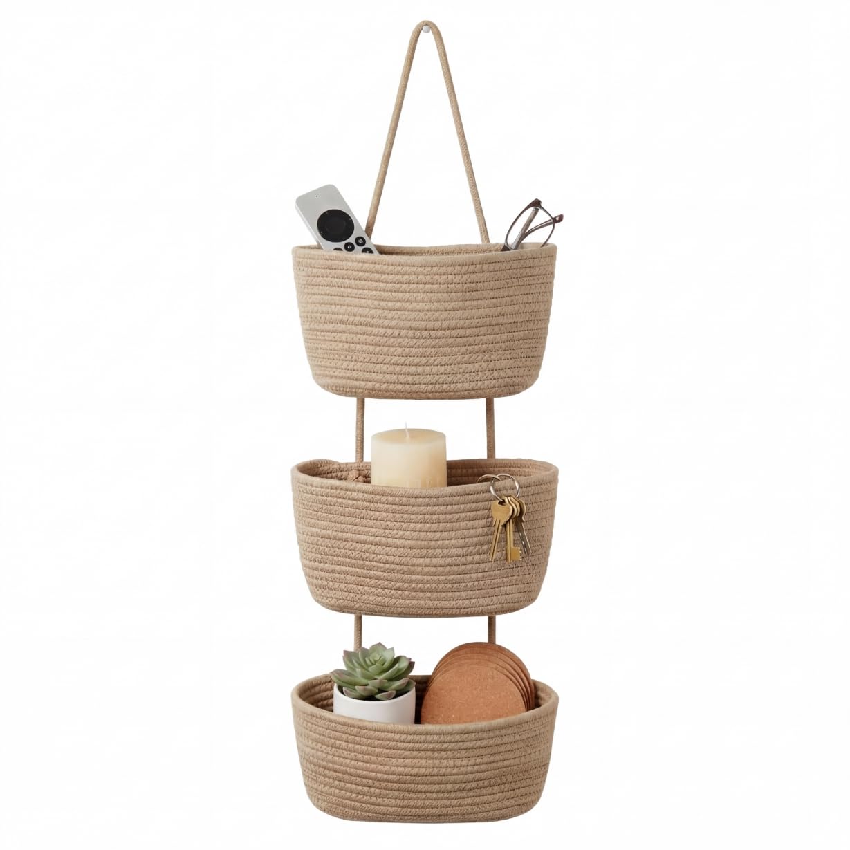 Britwicfr Hanging Wall Basket, Over the Door Hanging Basket with Hooks, Cotton Back of Door Organizer for Living Room, Bedroom, Boho Wall Decor, Toy Storage, Jute