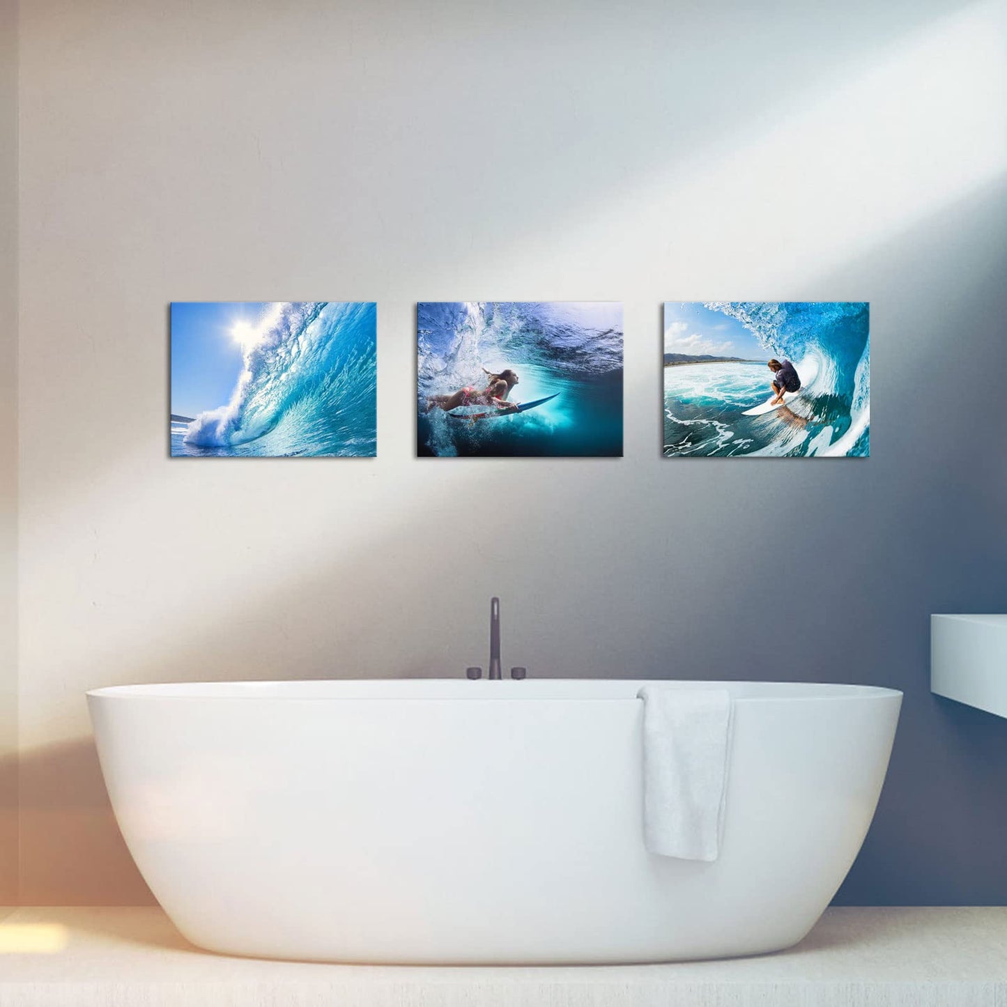 Artsbay Ocean Wall Art Surfing Painting Teal Surf Wall Decor for Bathroom Bedroom Living Room 16" W x 12" H x 3PCS