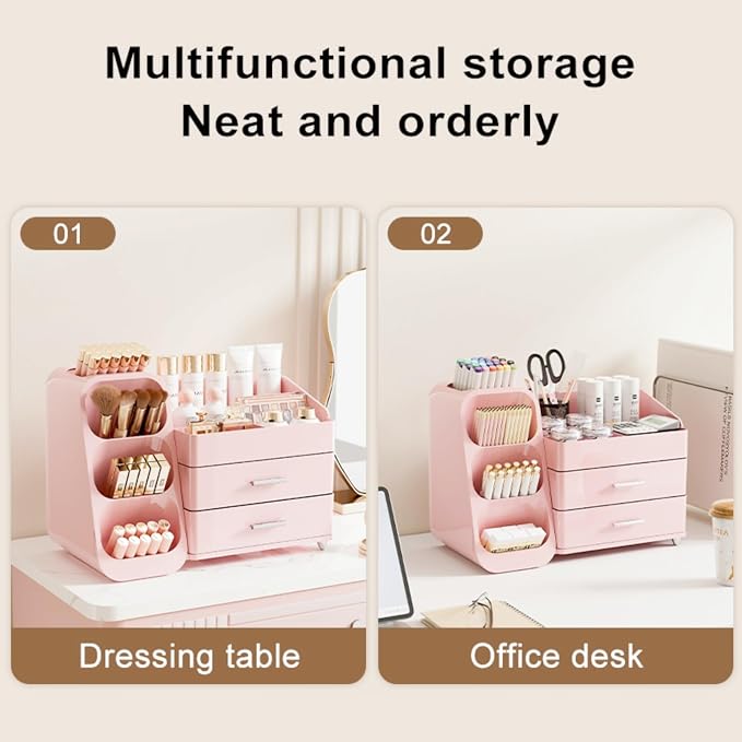 Makeup Organizer with Drawers,Large Capacity Countertop Organizer for Vanity,Bathroom and Bedroom Desk Cosmetics Organizers,Easy To Storage Skincare,Brushes,Lotions (All Pink)