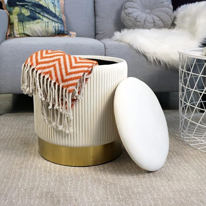YYW HOME Round Ottoman with Storage Set of 2 Vanity Stool Foot Rest with Removable Lid White Velvet Storage Ottoman Stool for Living Room and Dorm