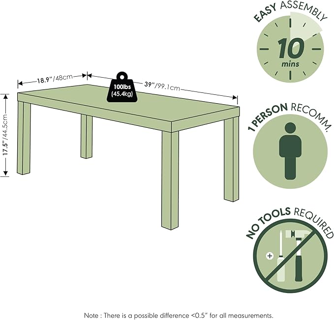 Furinno Classic Coffee Table, Modern Rectangle Coffee Table with 1.8" Triple Thick Tabletop, Side Table, Toolless Assembly, for Living Room, Home Office, Sage Green