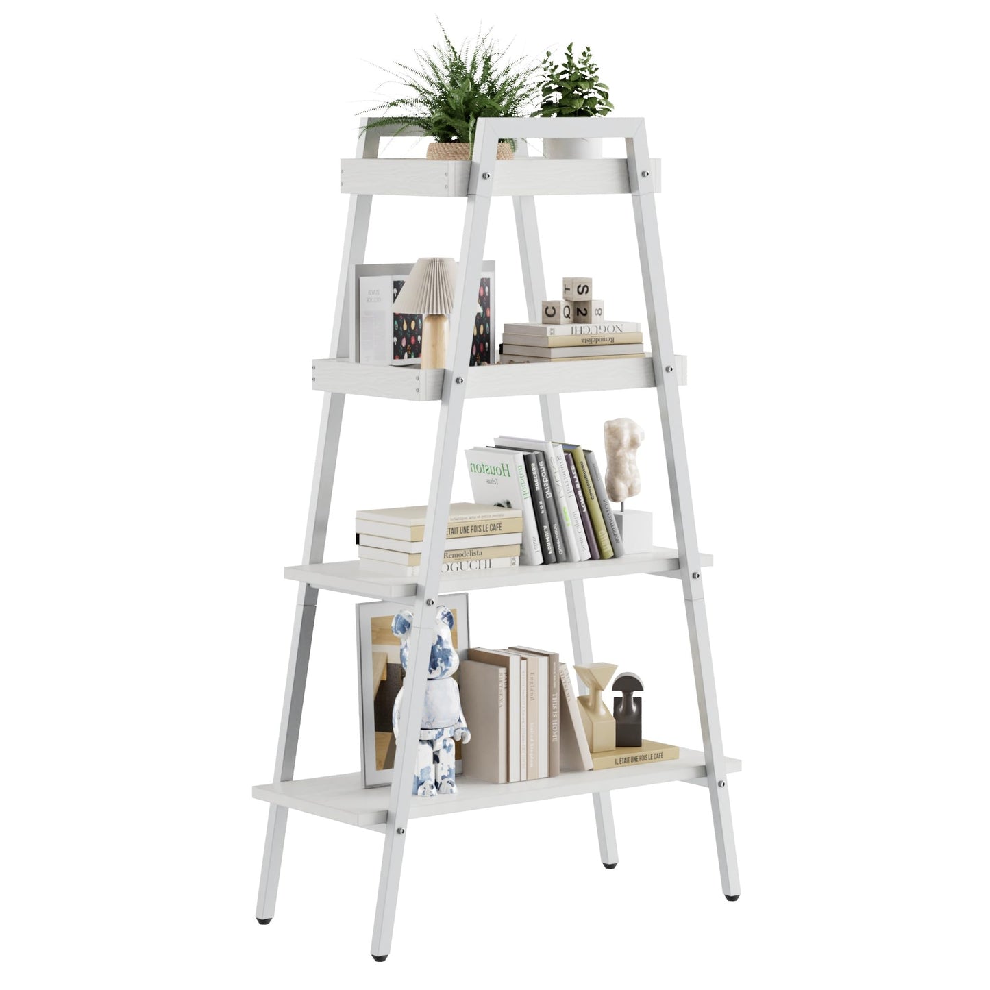 VECELO Ladder Shelf, 4 Tier Wooden Bookshelf with Metal Frame, Freestanding Bookcase Display Shelves and Plant Stand for Living Room/Farmhouse/Bedroom/Home Office-White