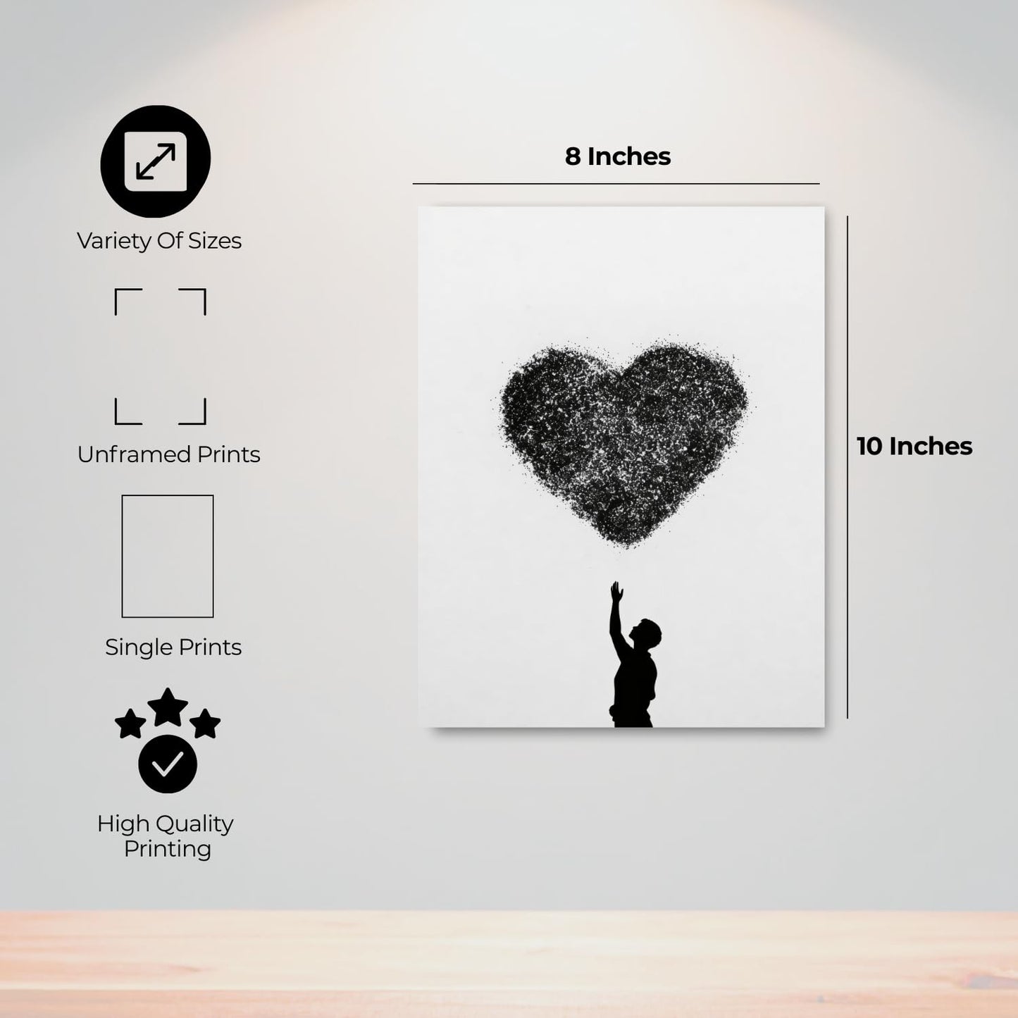 Lawrence Williams Designs Heart Silhouette Poster - Romantic Wall Art - Figure Reaching Toward Abstract Particle Heart Design - Modern Love Decor for Bedroom, Living Room or Office - 8x10 Unframed Print