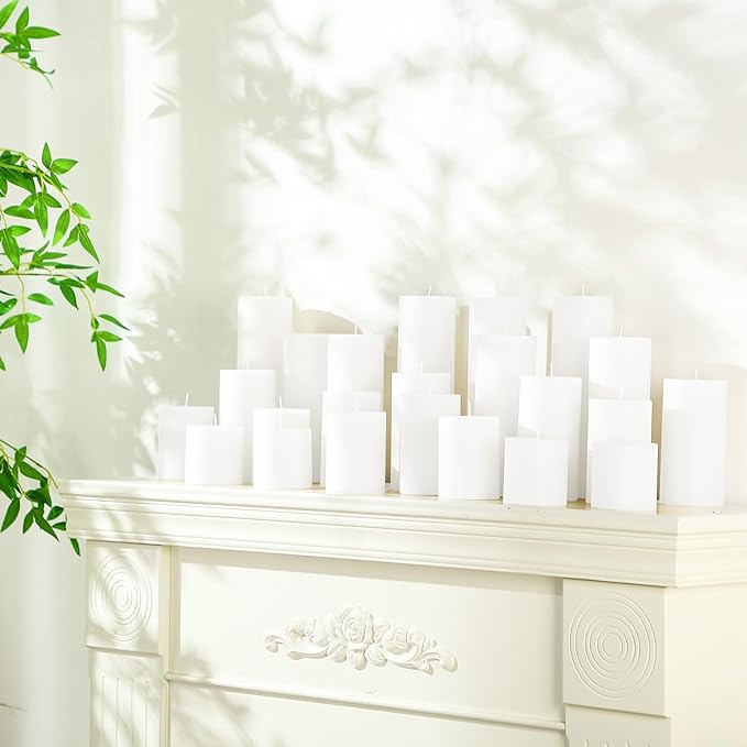 Shihanee 36 Pcs Pillar Candles 3 in x 3,4,5,6,8,10 Dripless Unscented Smokeless Candle Long Burning Decorative Rustic Candles with Cotton Wick for Wedding Home Fireplace (White)