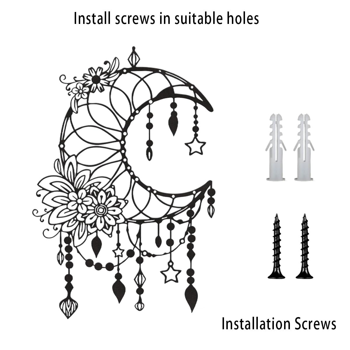 SYDERWE Metal Wall Art, Matte Black Moon Phase Decor, Celestial Bedroom Decor with Floral and Hanging Stars, Indoor & Outdoor