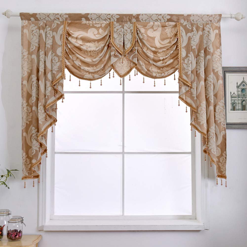 NAPEARL Waterfall Valance for Windows-Damask Valance for Living Room with Beads, Jacquard Swag Curtain Valance for Windows (1 Beige Valance, 61-Inch Wide)