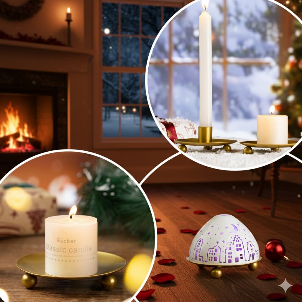 Iron Plate Candle Holder Tea Light Holders with Color-Changing Led Ligh Set of 2 Premium Metal Pillar Candle Holder for LED or Wax Candles,Incense Cones,Spa,Weddings