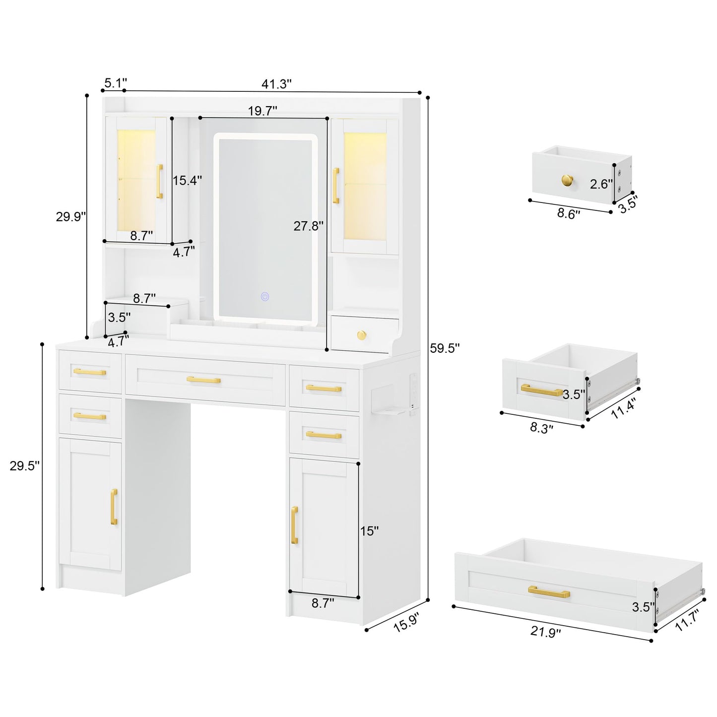 YBXGO Vanity Desk with Mirror and Light, Makeup Vanity Table with Drawer and Storage Dresser, 3 Lighting Modes Adjustable Brightness, Bedroom Dressing Table