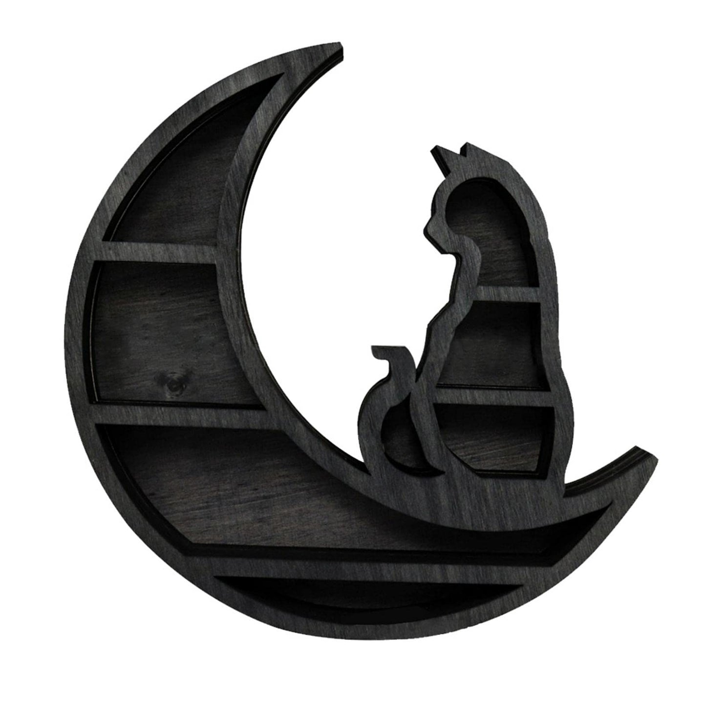 EMVANV Wooden Crystal Shelf, Moon Cat Home Improvement Wall Mounted Jewelry Rack Wooden Crystal Shelf Kitchen(Black,Size:30x30x3cm)