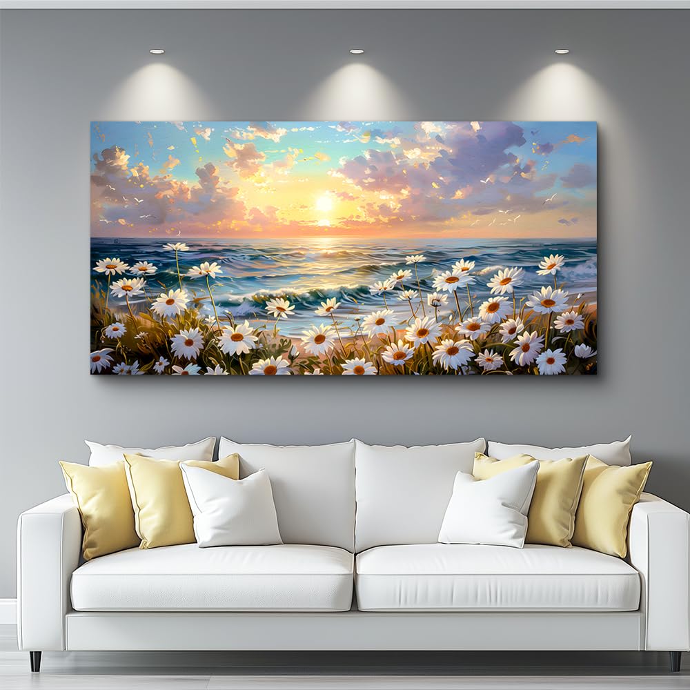 PHAOHUAXM Large Wall Decor Canvas Painting Wall Art For Living Room Decor A Landscape Of A Sea Of White Flowers Painting Bedroom Print Artwork Picture For Dining Room Home Decor Aesthetics 24x48 In
