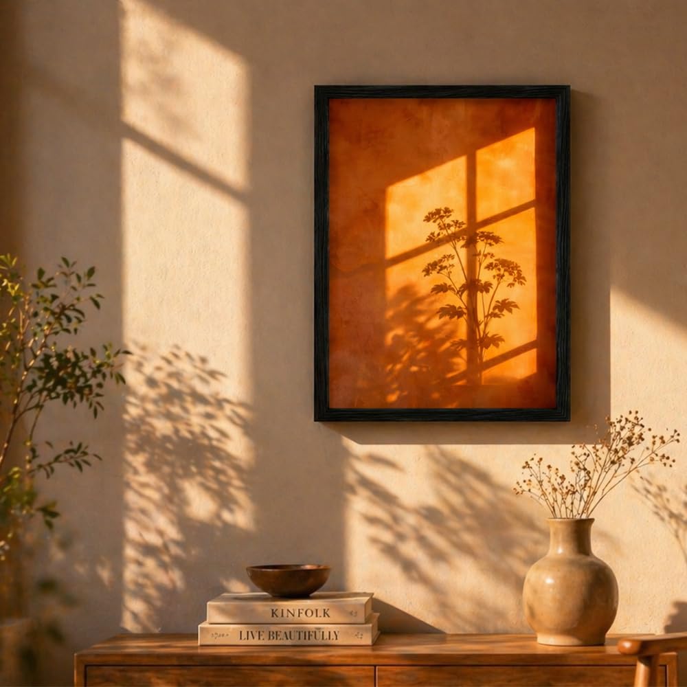 Framed Sunset Wall Art, Orange Window Shadow Poster Print, Minimalist Botanical Silhouette Picture Painting, Modern Aesthetic Picture Wall Decor for Bedroom Living Room 16x24 Inches