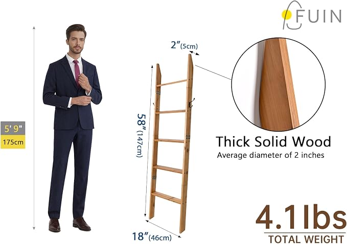 FUIN 58in Blanket Ladder, Wood Towel Ladder, Rustic Decorative Ladder for Blankets, Farmhouse Wooden Quilt Rack for Living Room & Bathroom