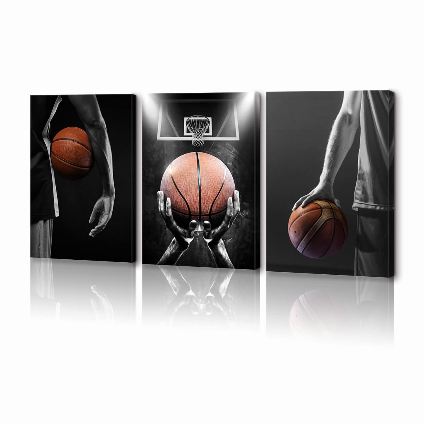 KAWAHONE 3 Pieces Basketball Art Prints-Black and White Basketball Sports Canvas Wall Art-Basketball Hoop Sport Decor for Bedroom Gym, Perfect Boys Gift