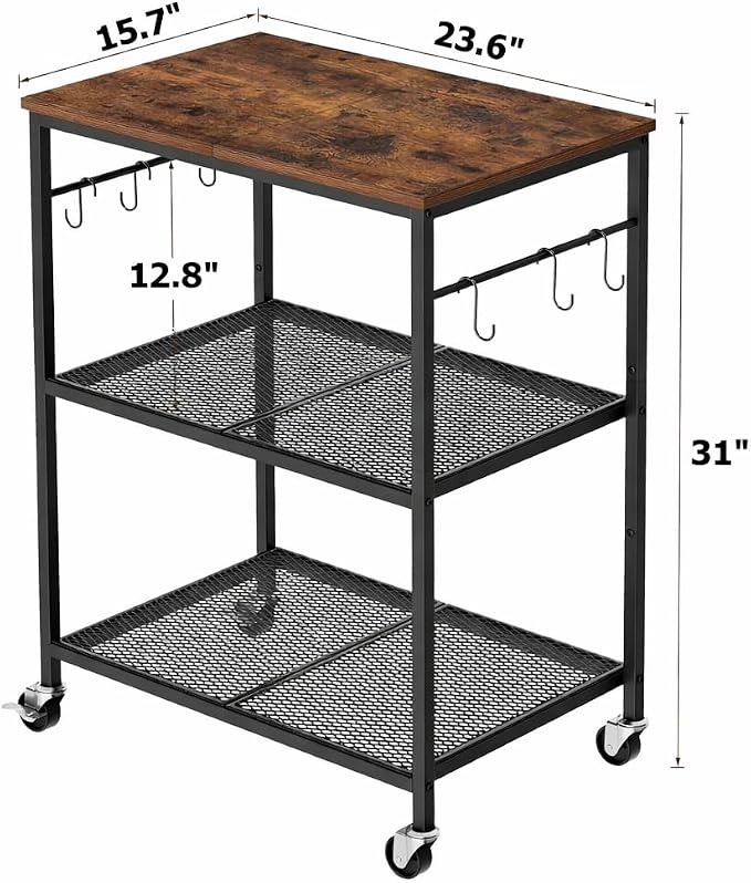 Homleke 3-Tier Rolling Kitchen Microwave Cart, Kitchen Utility Cart on Lockable Wheels, Coffee Bar Table Station with 6 S-Shaped Hooks, Small Appliance Storage Shelf, Rustic Brown and Black