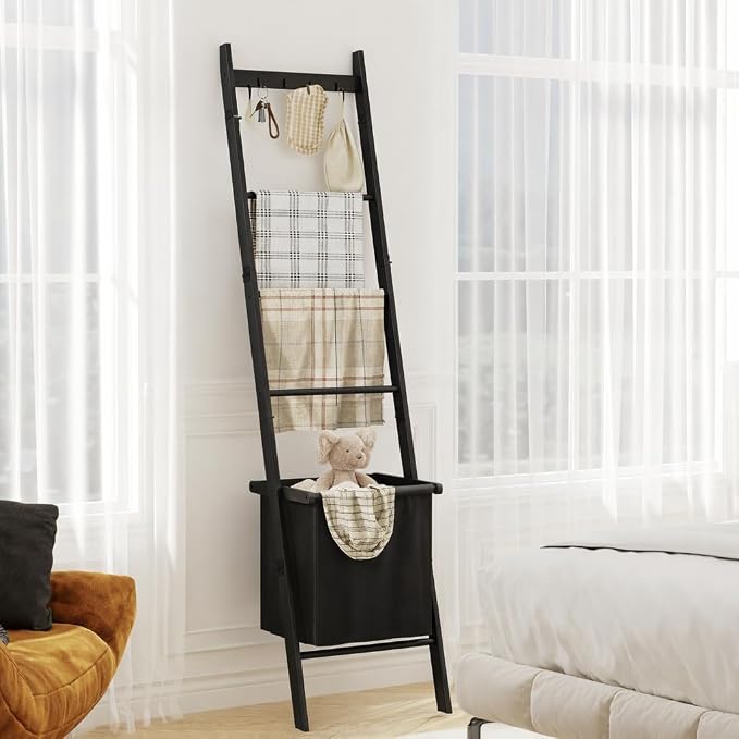 BAMBANG Bamboo Blanket Ladder with Basket, 5-Tier Quilt Rack Stand with 4 Hooks & Storage Hamper for Living Room Bathroom, Wall Leaning Decorative Ladder Shelf for Blankets Display (Black)