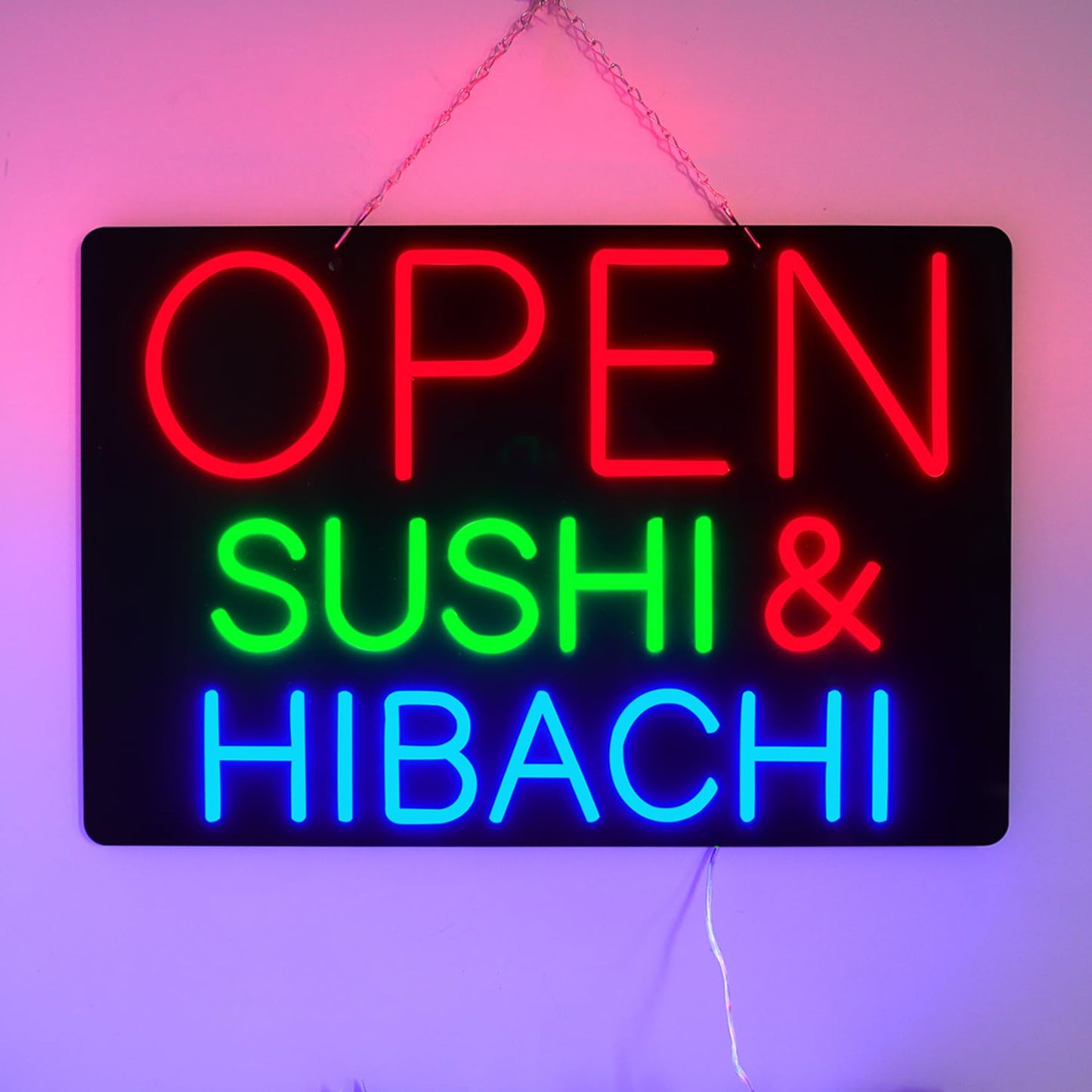 JFLLamp Large OPEN SUSHI&HIBACHI Neon Signs for Wall Decor Business Neon Lights for Bedroom Led Signs Suitable for Office Man Cave Bar Christmas 12V Power Adapter, 23.6 * 15.7 Inch(Red +Green +Blue)