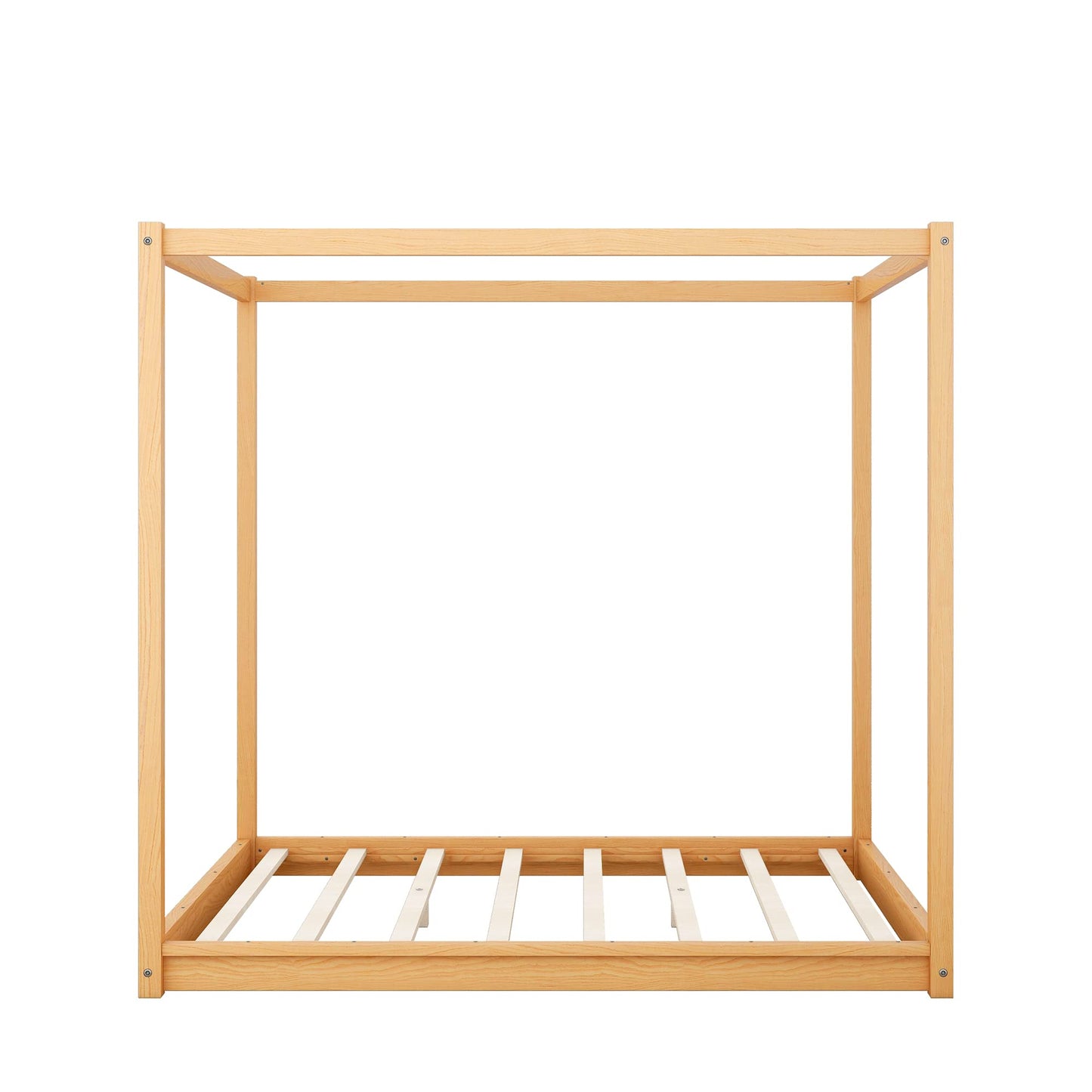 Merax Modern Queen Size Wood Canopy Bed Floor Platform Bed Frame/No Box Spring Needed/Easy Assembly, Nutural